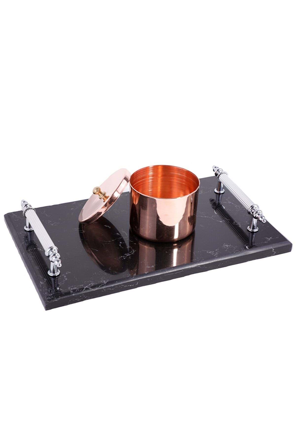 Dekoratıf Sıyah Mermer Orta Boy Gümüş Tırtıklı Dıkdortgen Sunum Nısan Tepsısı resmi