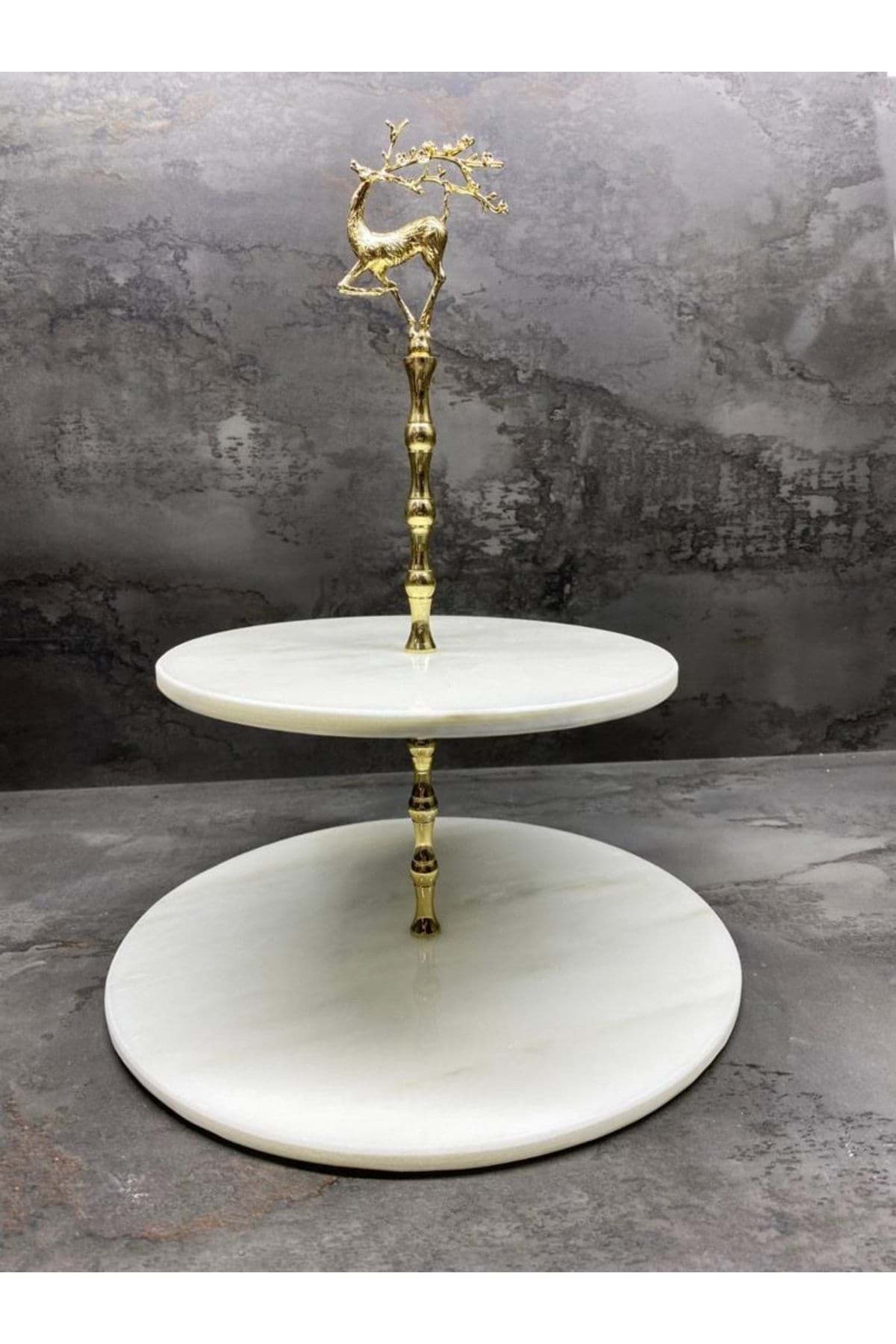 Doğal Mermer Kurabiyelik & Pastalık 2 Katlı Gold Geyikli Objeli resmi