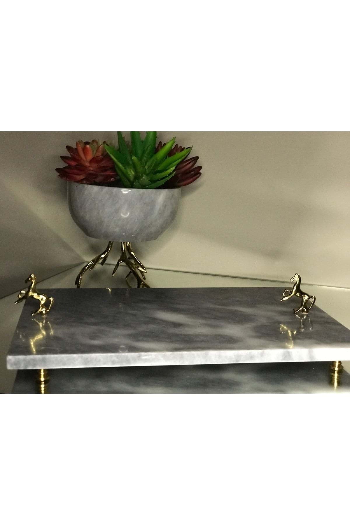 Dekoratif Gri Mermer Dikdörtgen Gold At Detaylı Sunum Tepsısı Servis Tabağı resmi