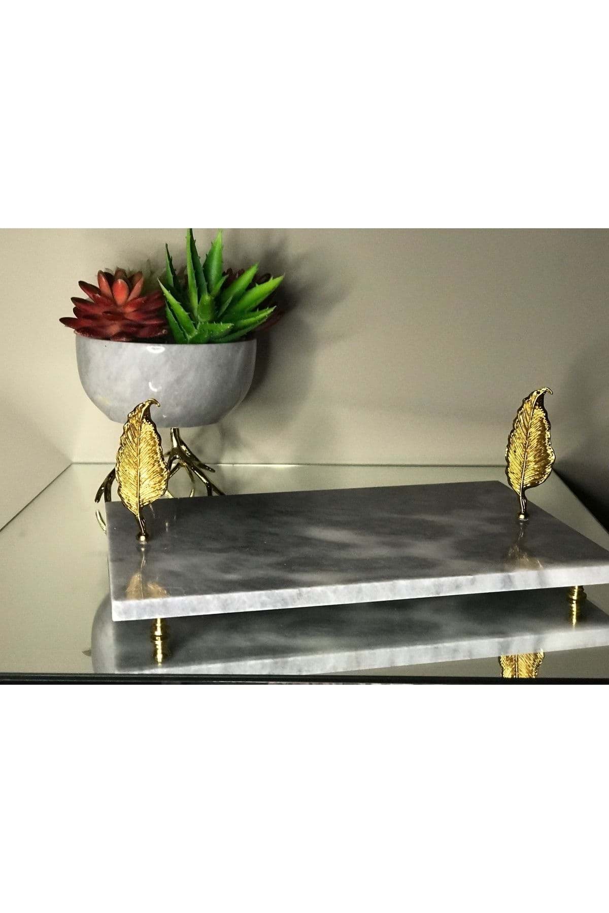 Dekoratif Gri Mermer Dikdörtgen Gold Yaprak Detaylı Sunum Tepsısı Servis Tabağı resmi