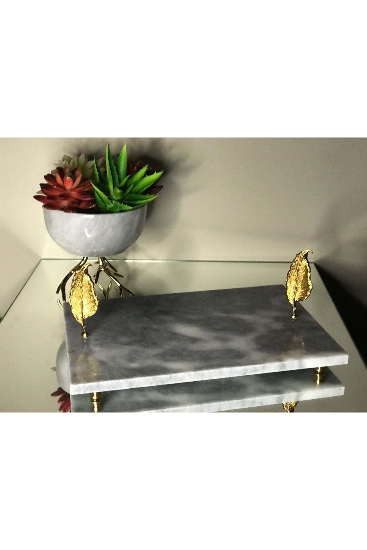 Dekoratif Gri Mermer Dikdörtgen Gold Yaprak Detaylı Sunum Tepsısı Servis Tabağı resmi