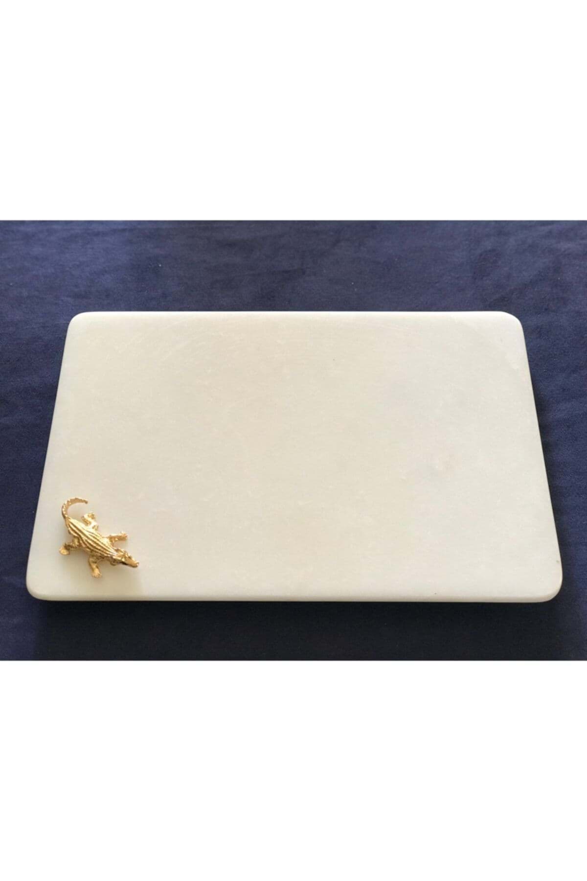 Dekoratif Beyaz Mermer Dikdörtgen Timsah Detaylı Sunum Tepsısı Servis Tabağı resmi