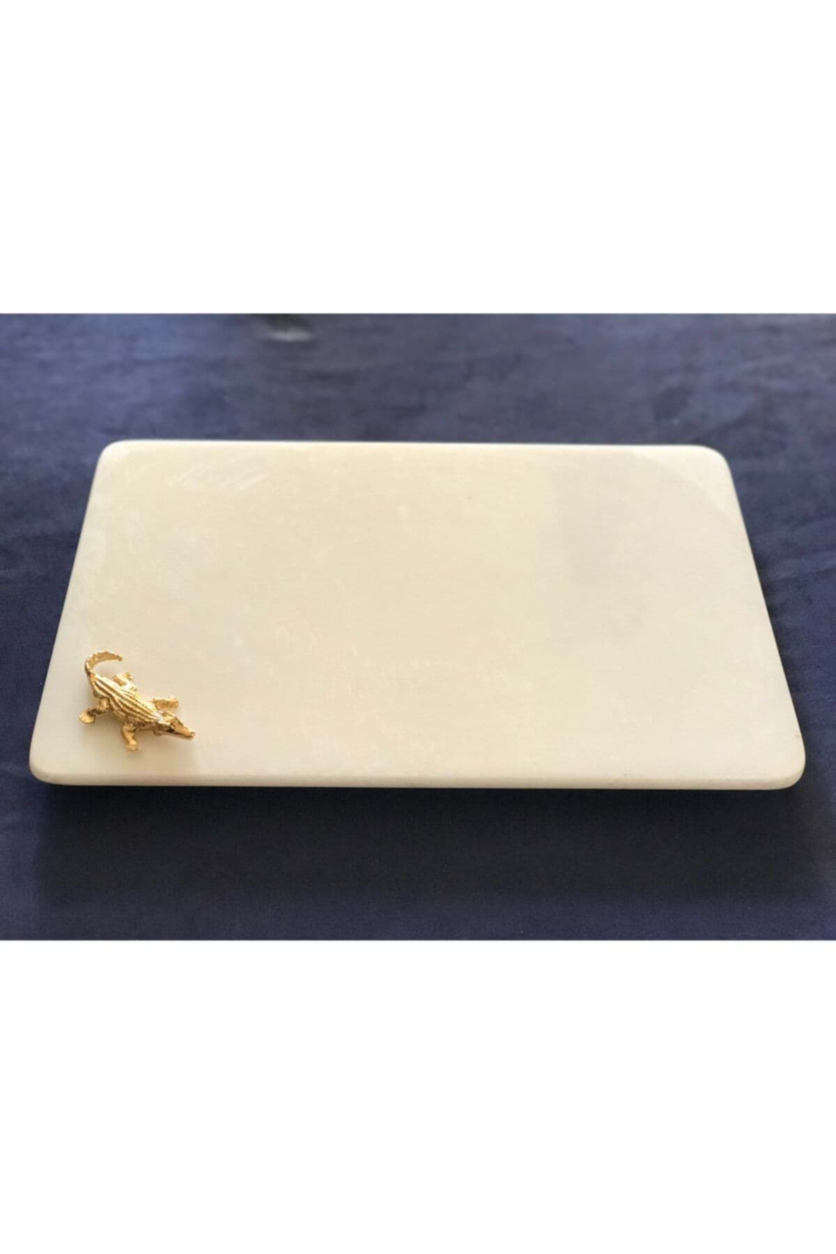 Dekoratif Beyaz Mermer Dikdörtgen Timsah Detaylı Sunum Tepsısı Servis Tabağı resmi