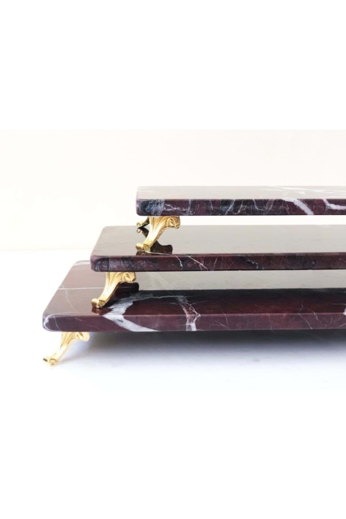 Dekoratif Bordo Mermer 3lü Sunum Seti resmi