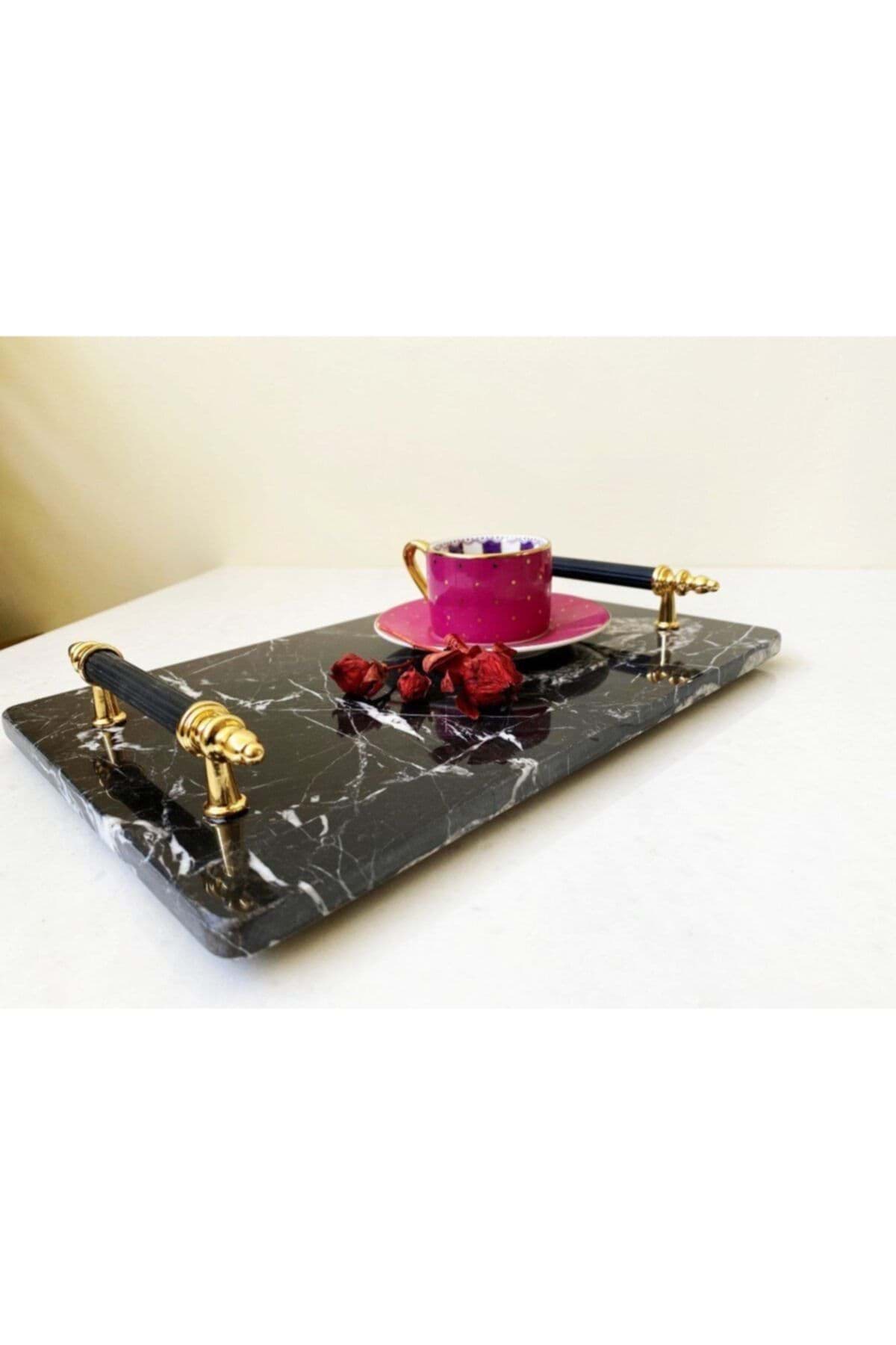 Dekoratıf Sıyah Mermer Orta Boy Dıkdortgen Sunum Nısan Tepsısı resmi