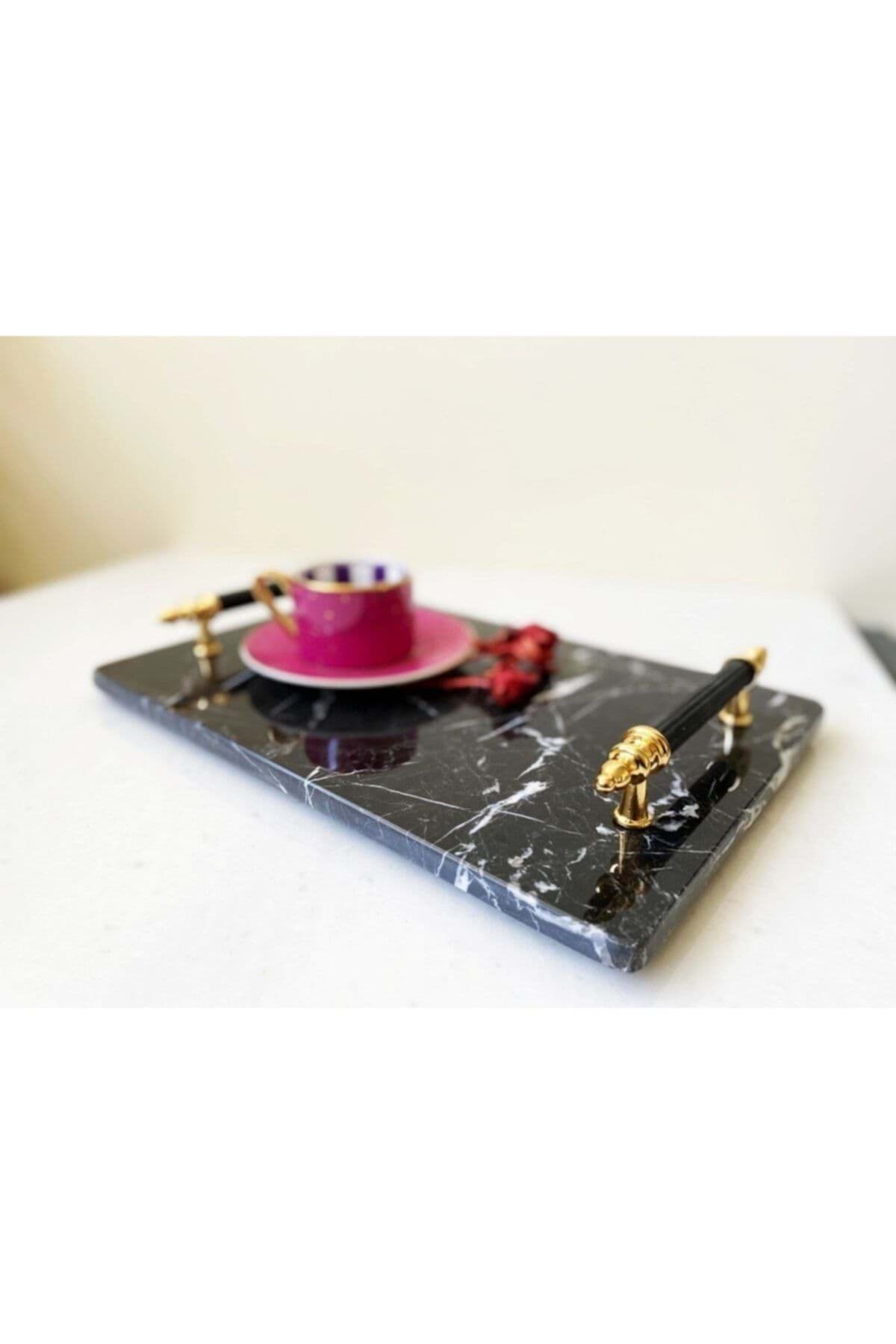 Dekoratıf Sıyah Mermer Orta Boy Dıkdortgen Sunum Nısan Tepsısı resmi