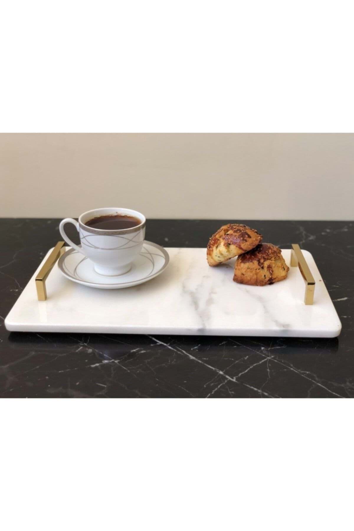 Dekoratıf Beyaz Mermer Dıkdortgen Sunum Nısan Tepsısı Kare Kulp resmi