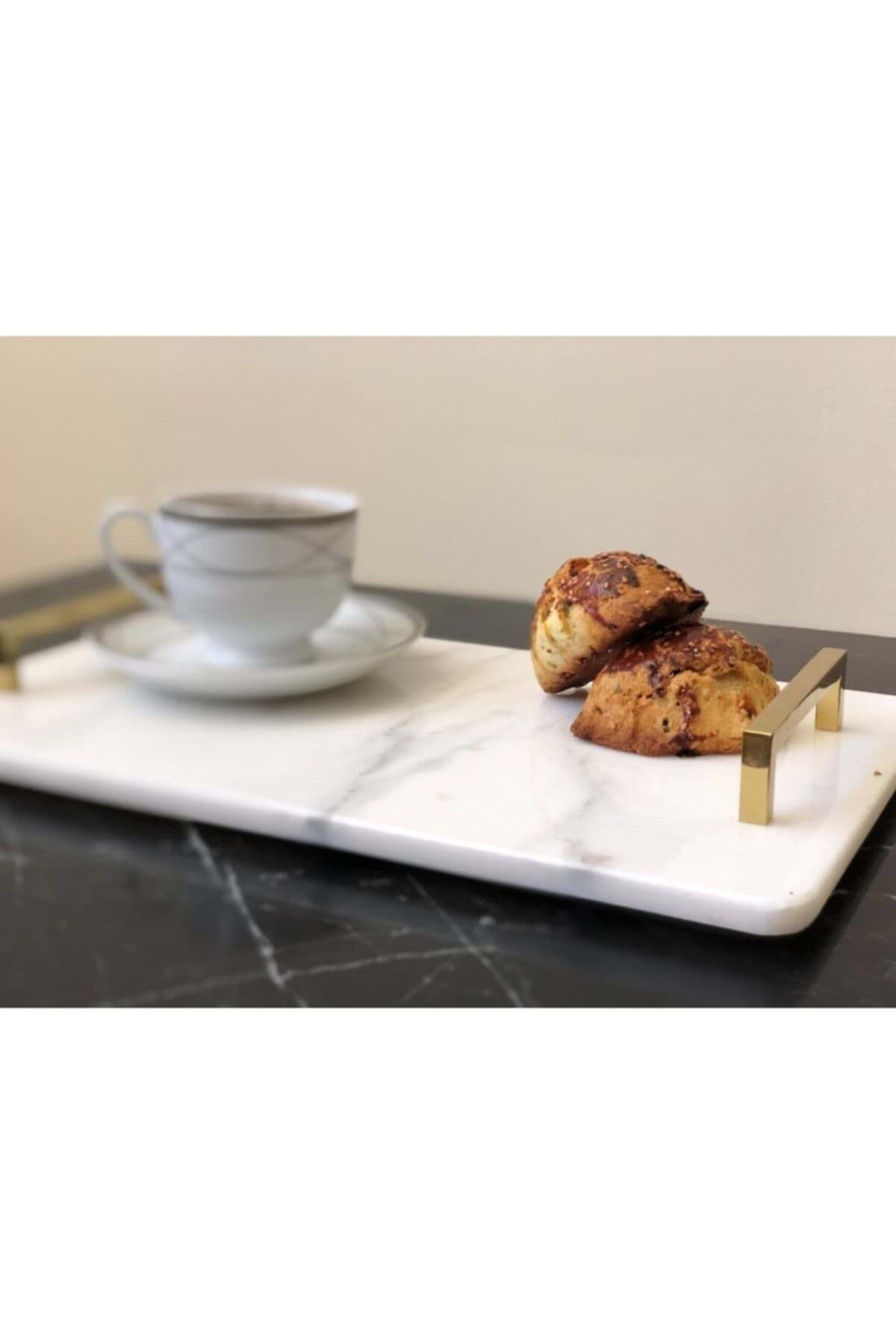 Dekoratıf Beyaz Mermer Dıkdortgen Sunum Nısan Tepsısı Kare Kulp resmi