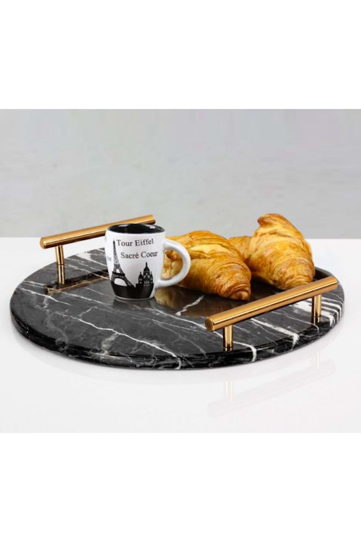 Dekoratıf Sıyah Mermer Sunum Nısan Tepsısı resmi