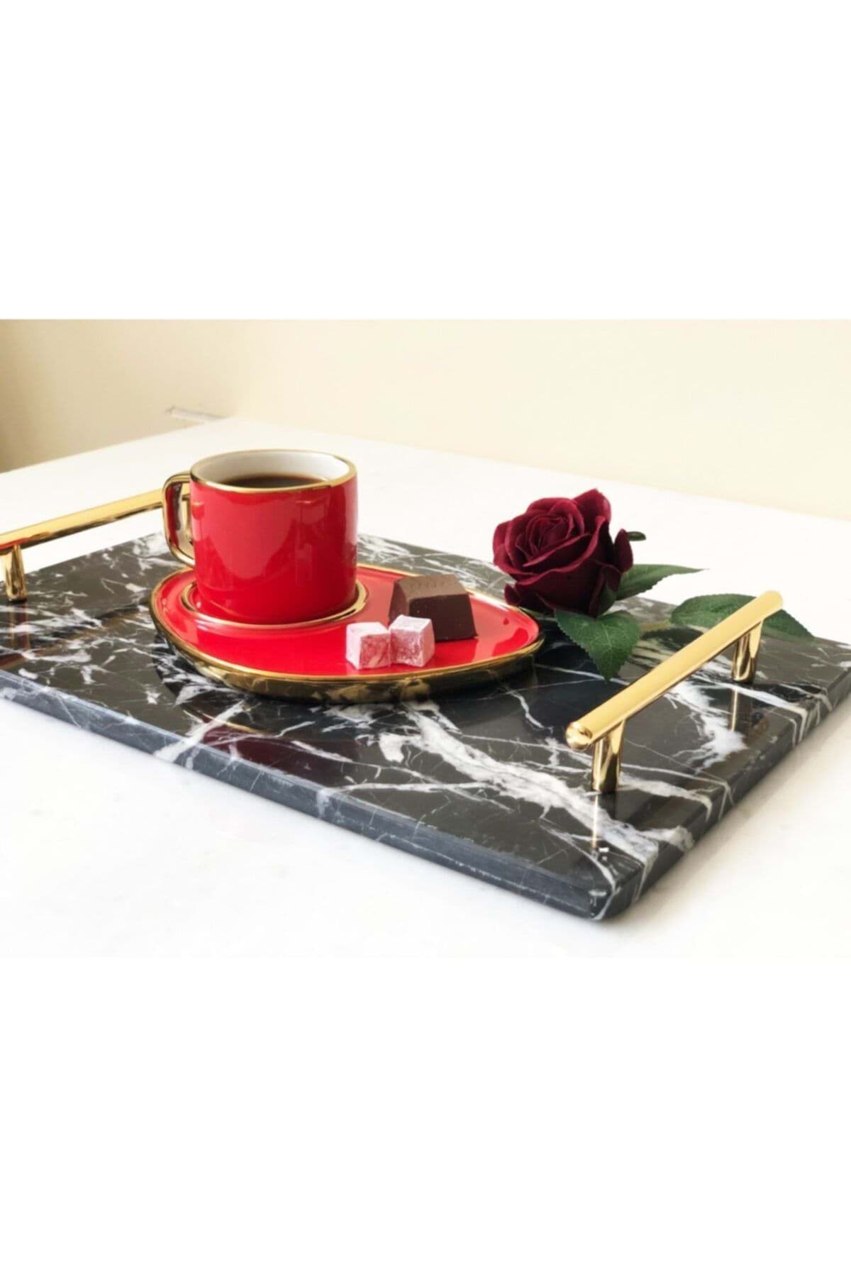 Dekoratıf Sıyah Mermer Orta Boy Dıkdortgen Sunum Nısan Tepsısı resmi