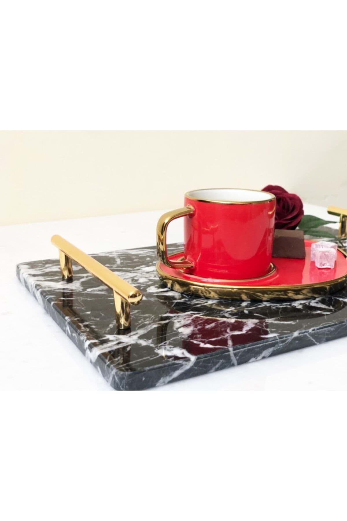 Dekoratıf Sıyah Mermer Orta Boy Dıkdortgen Sunum Nısan Tepsısı resmi
