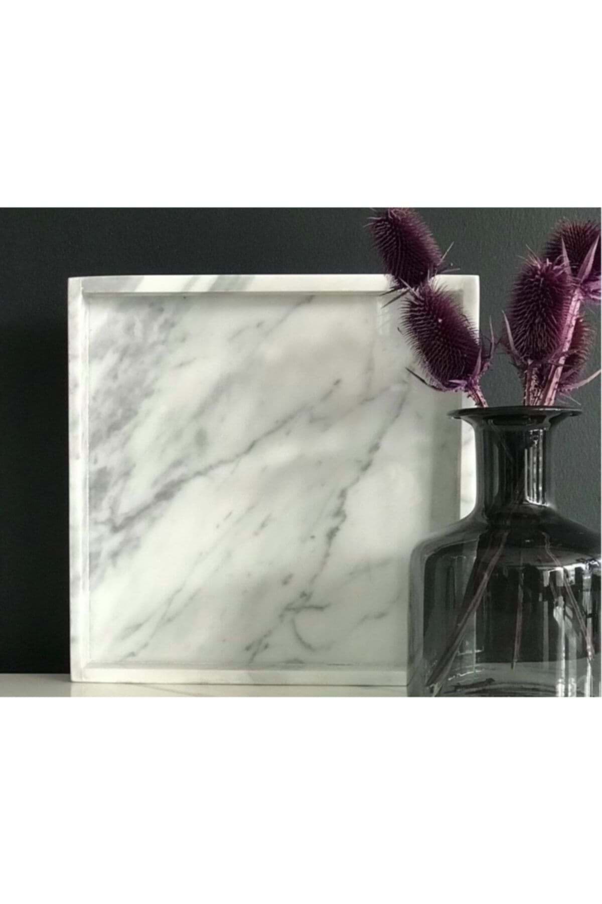 Dekoratif Beyaz Damarli Mermer Servis Sunum Tepsi 25 X 25 Cm resmi