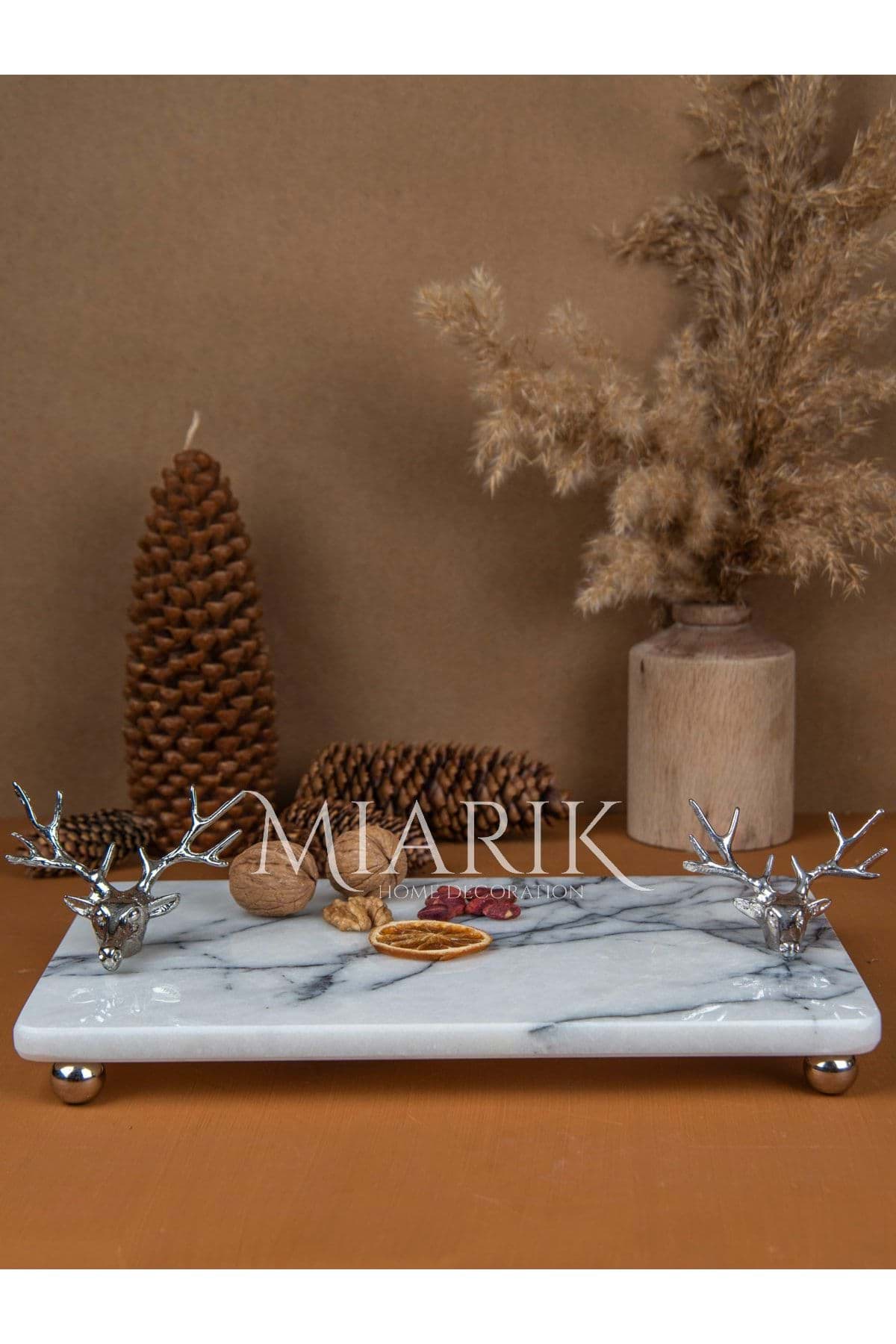 Dekoratif Mermer Dikdörtgen Boynuzlu Geyıkdetaylı Sunum Tepsısı Servis Tabağı resmi