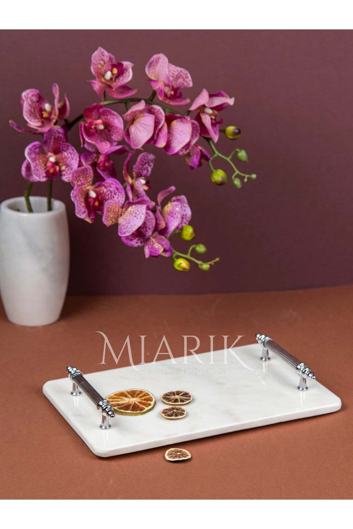 Dekoratıf Beyaz Mermer Dıkdortgen Sunum Nısan Tepsısı Kulplu resmi