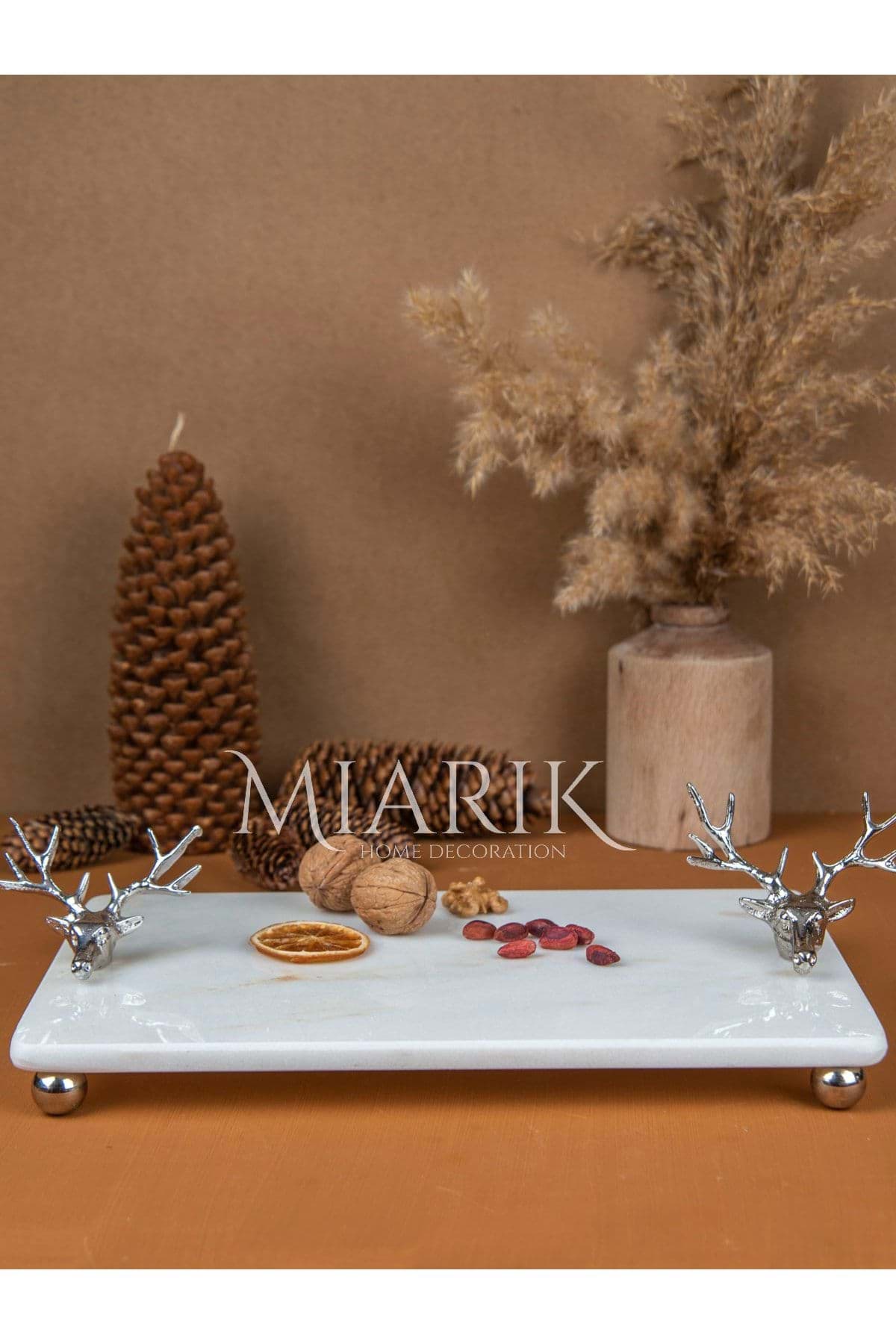 Dekoratif Mermer Dikdörtgen Boynuzlu Geyıkdetaylı Sunum Tepsısı Servis Tabağı resmi