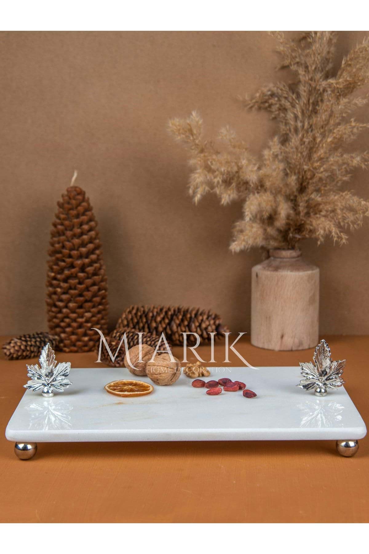 Dekoratif Mermer Dikdörtgen Çınar Yaprağı Detaylı Sunum Tepsısı Servis Tabağı resmi