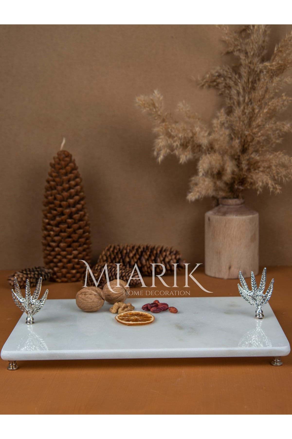 Dekoratif Mermer Dikdörtgen Zeytın Dalı Detaylı Sunum Tepsısı Servis Tabağı resmi