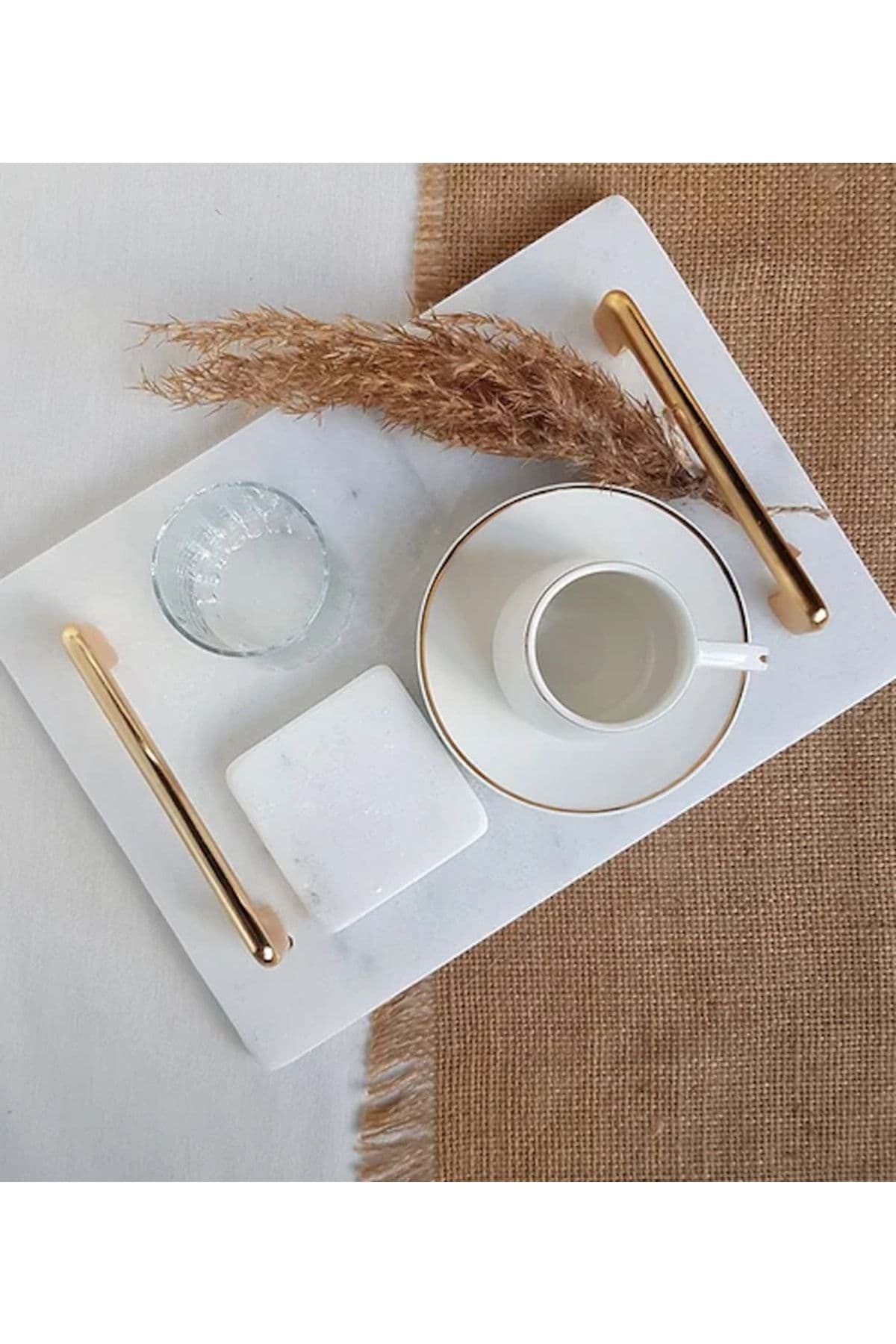 Dekoratıf Beyaz Mermer Dıkdortgen Sunum Nısan Tepsısı Kulplu resmi