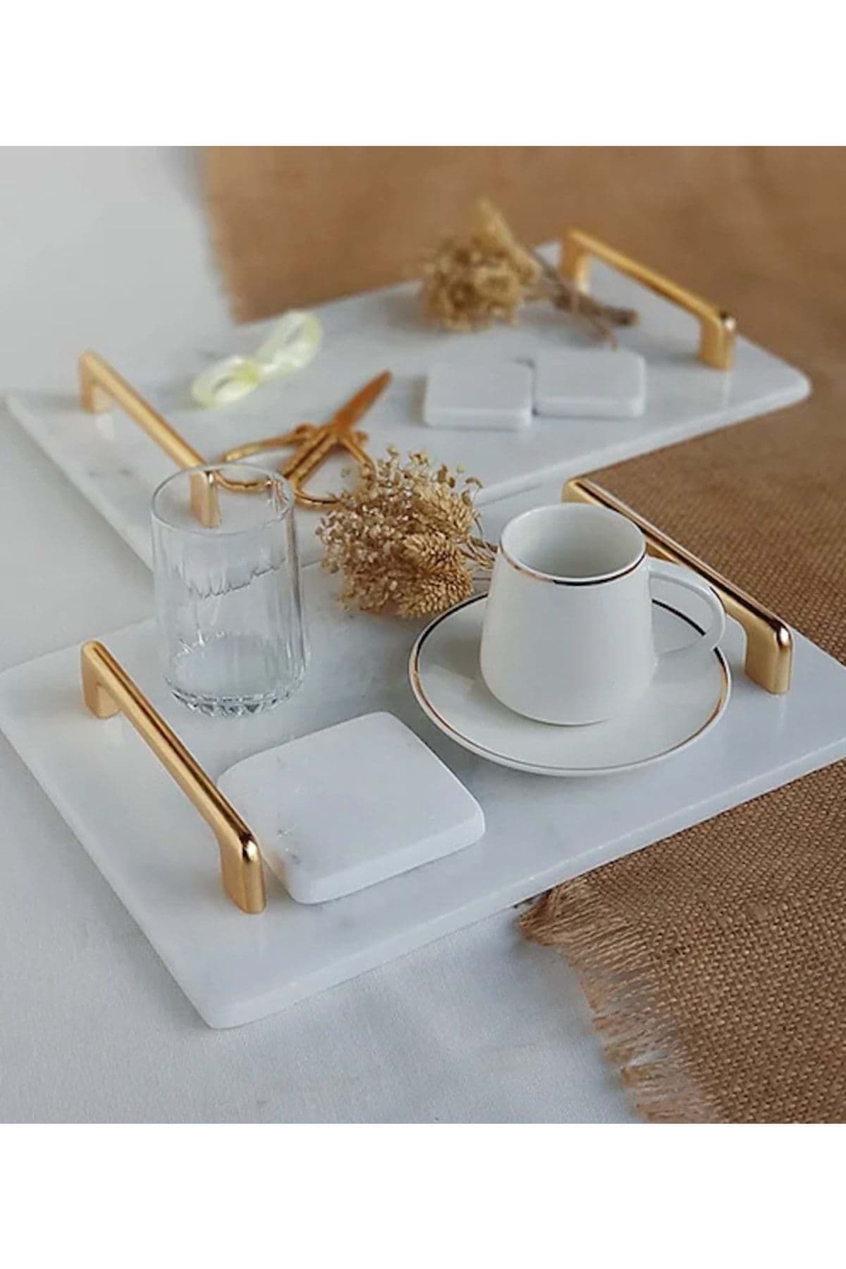 Dekoratıf Beyaz Mermer Dıkdortgen Sunum Nısan Tepsısı Kulplu resmi