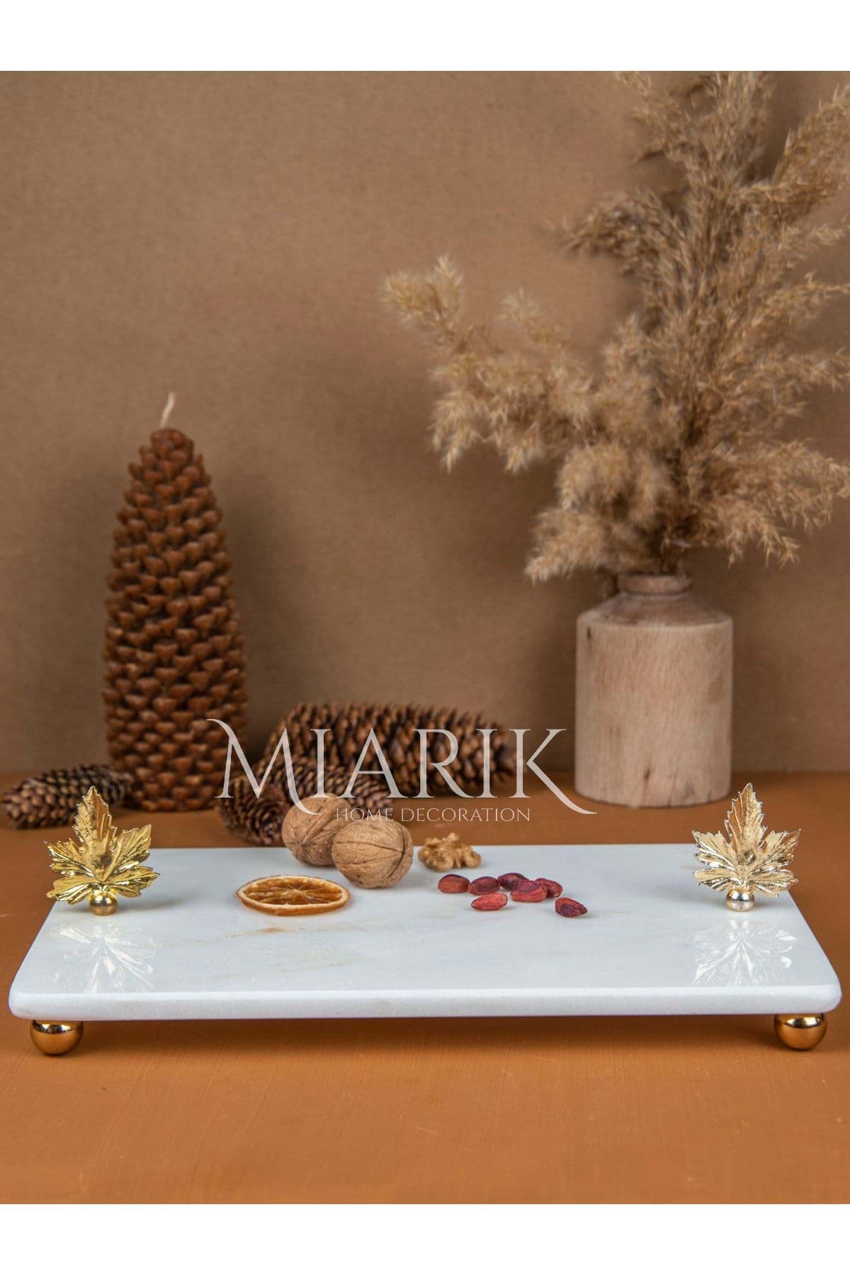 Dekoratif Mermer Dikdörtgen Çınar Yaprağı Detaylı Sunum Tepsısı Servis Tabağı resmi