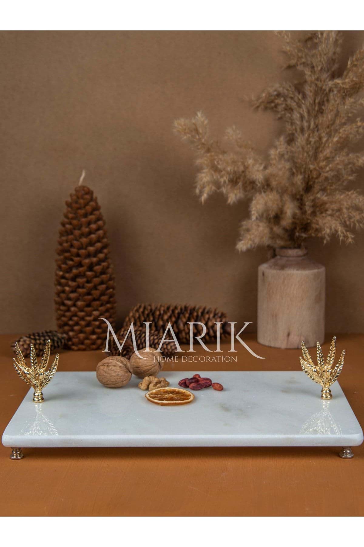 Dekoratif Mermer Dikdörtgen Zeytın Dalı Detaylı Sunum Tepsısı Servis Tabağı resmi