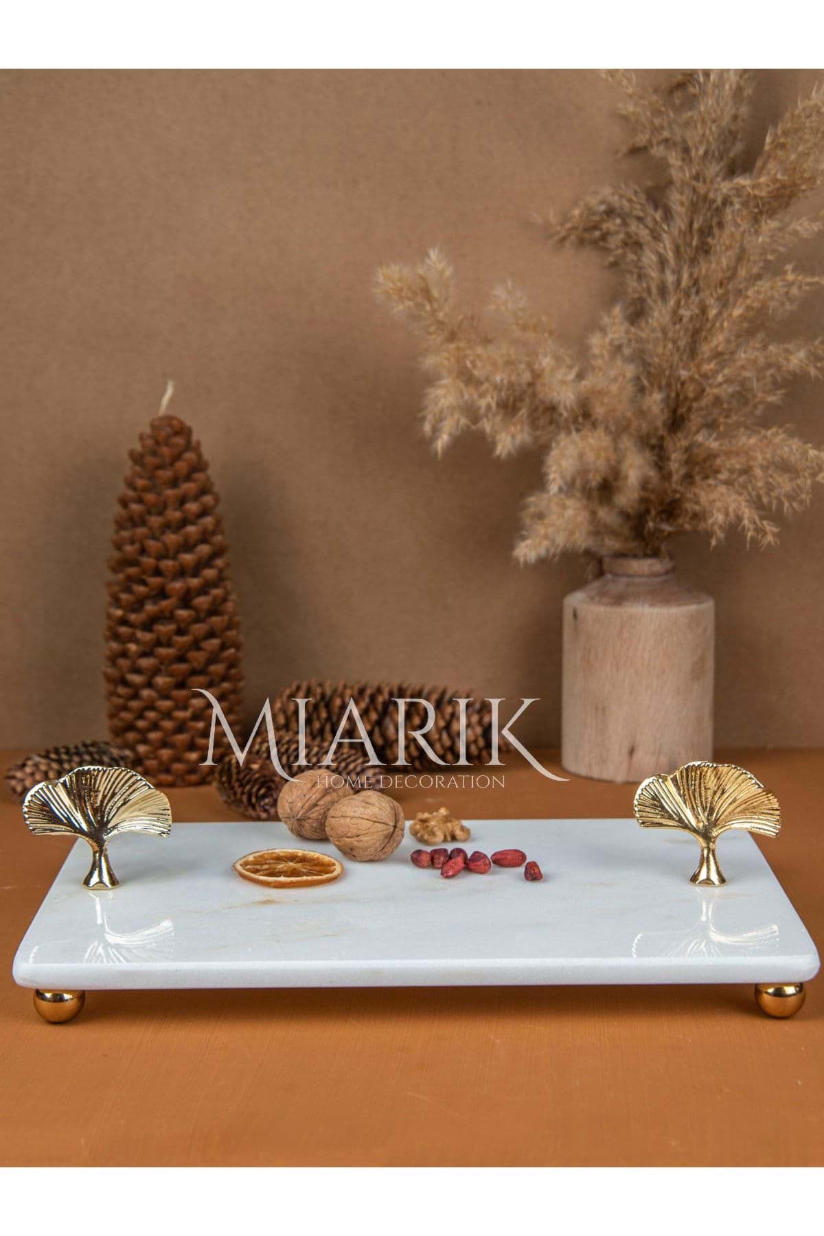Dekoratif Mermer Dikdörtgen Gold Gonk Detaylı Sunum Tepsısı Servis Tabağı resmi