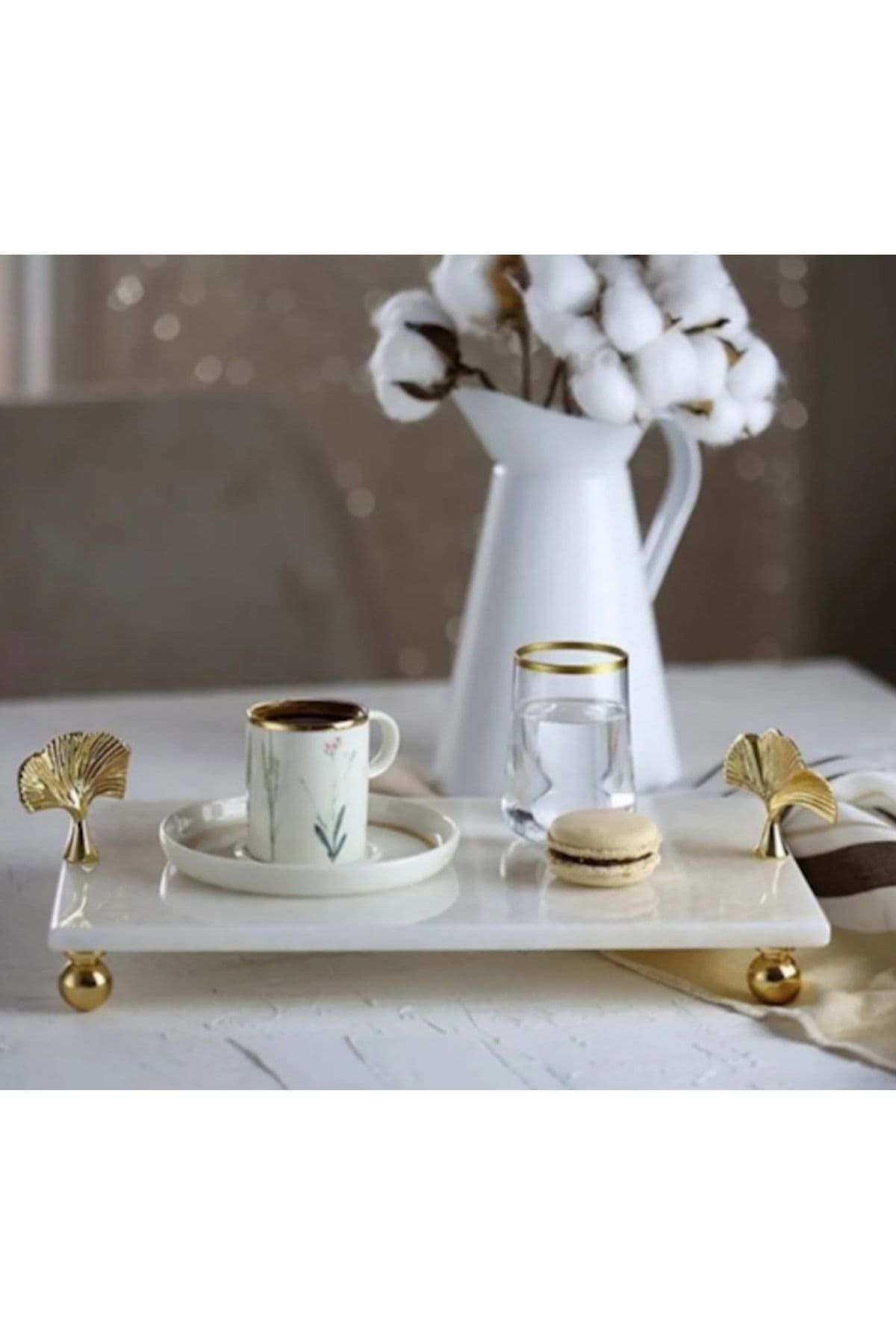 Dekoratif Mermer Dikdörtgen Gold Gonk Detaylı Sunum Tepsısı Servis Tabağı resmi