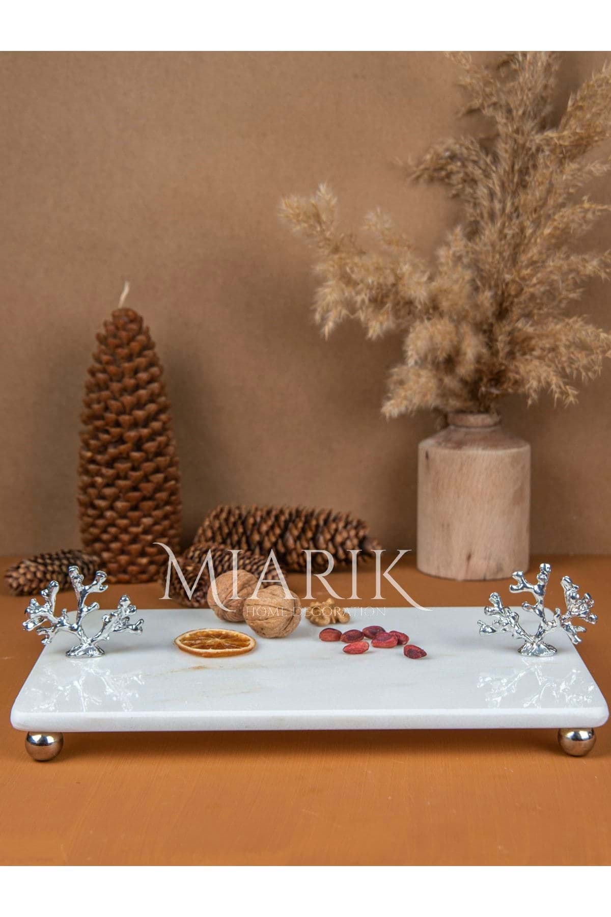 Dekoratif Mermer Dikdörtgen Gümüş Mercan Detaylı Sunum Tepsısı Servis Tabağı resmi
