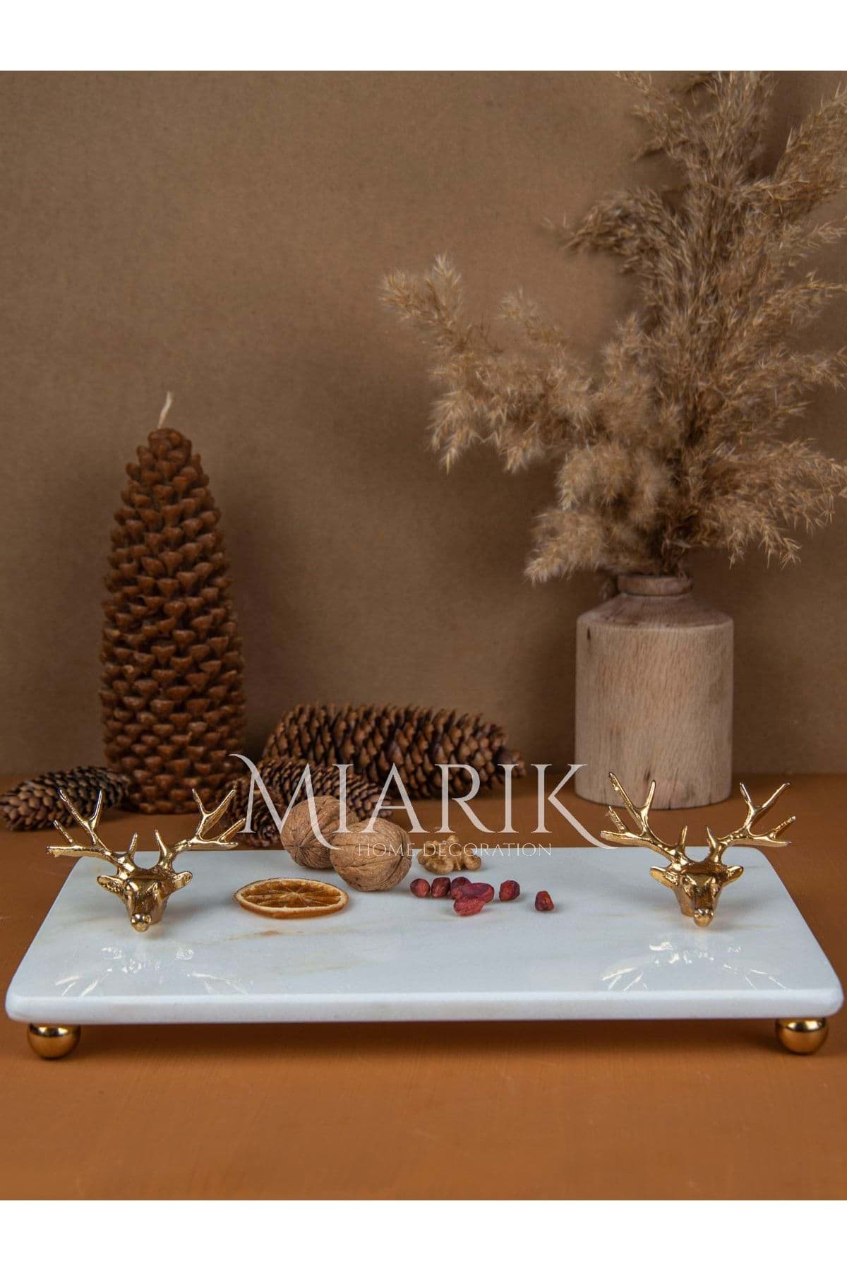 Dekoratif Mermer Dikdörtgen Gold Geyık Detaylı Sunum Tepsısı Servis Tabağı resmi