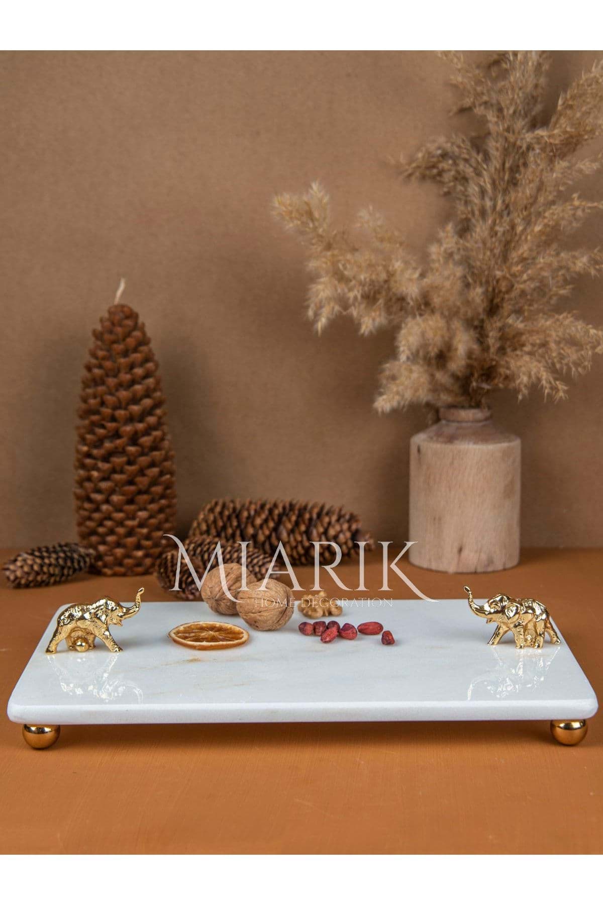 Dekoratif Mermer Dikdörtgen Gold Fıl Detaylı Sunum Tepsısı Servis Tabağı resmi