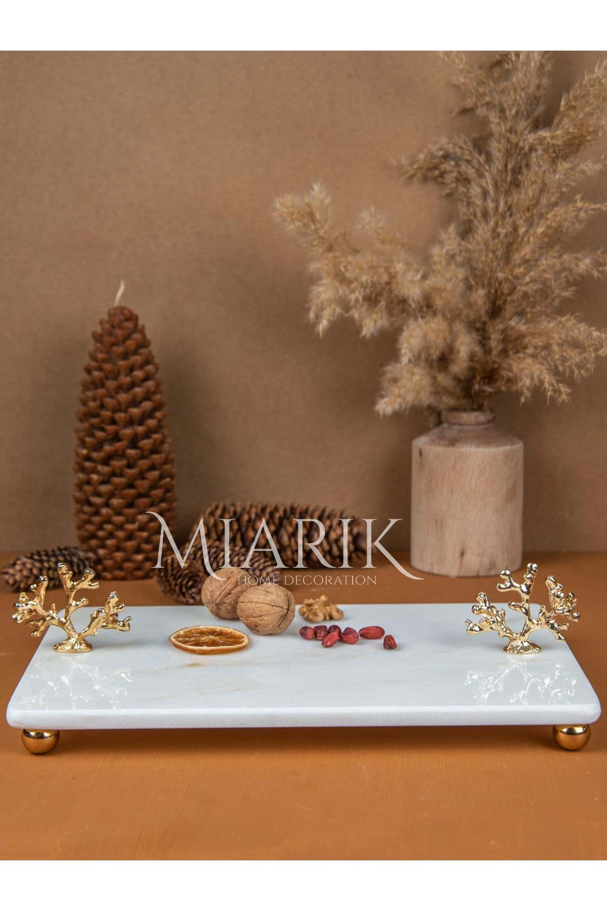 Dekoratif Mermer Dikdörtgen Gold Mercan Detaylı Sunum Tepsısı Servis Tabağı resmi