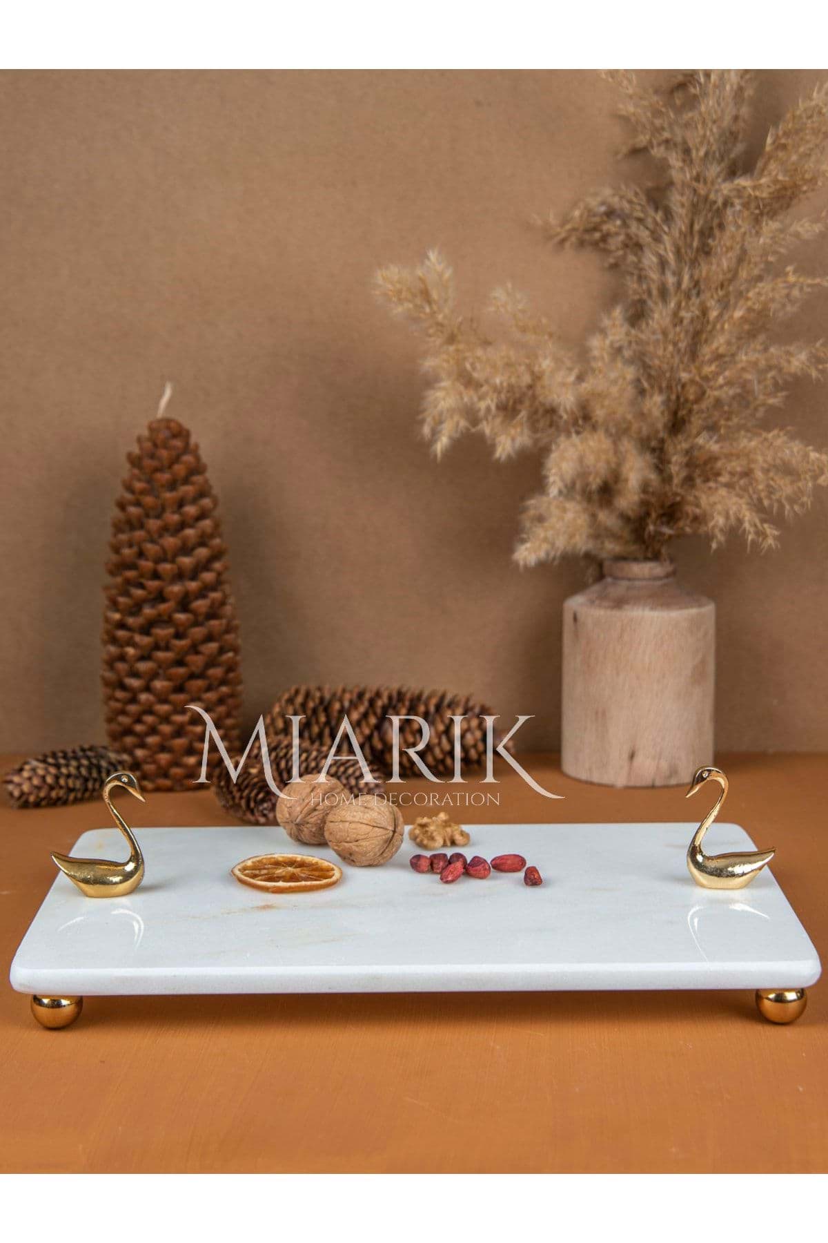Dekoratif Mermer Dikdörtgen Gold Kugu Detaylı Sunum Tepsısı Servis Tabağı resmi
