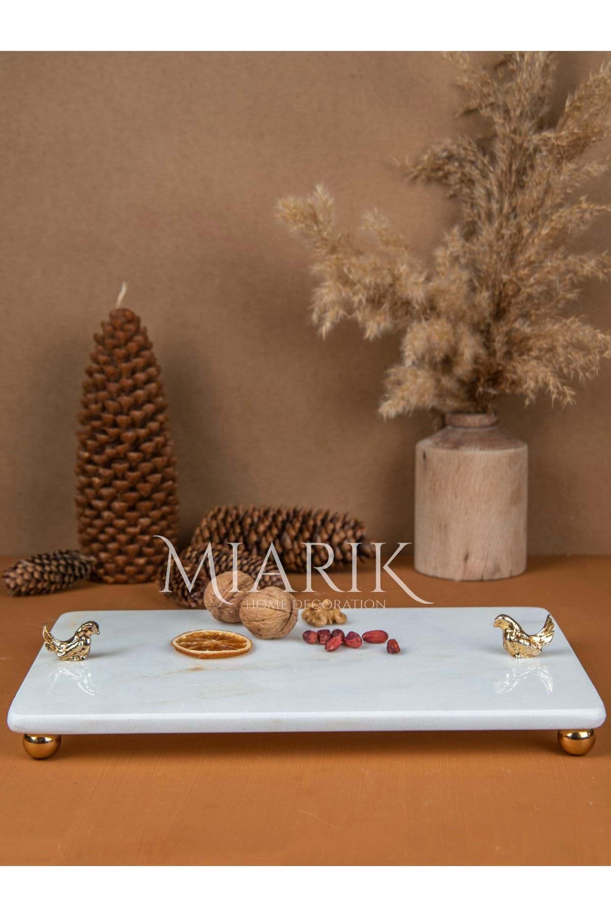 Dekoratif Mermer Dikdörtgen Gold Kus Detaylı Sunum Tepsısı Servis Tabağı resmi