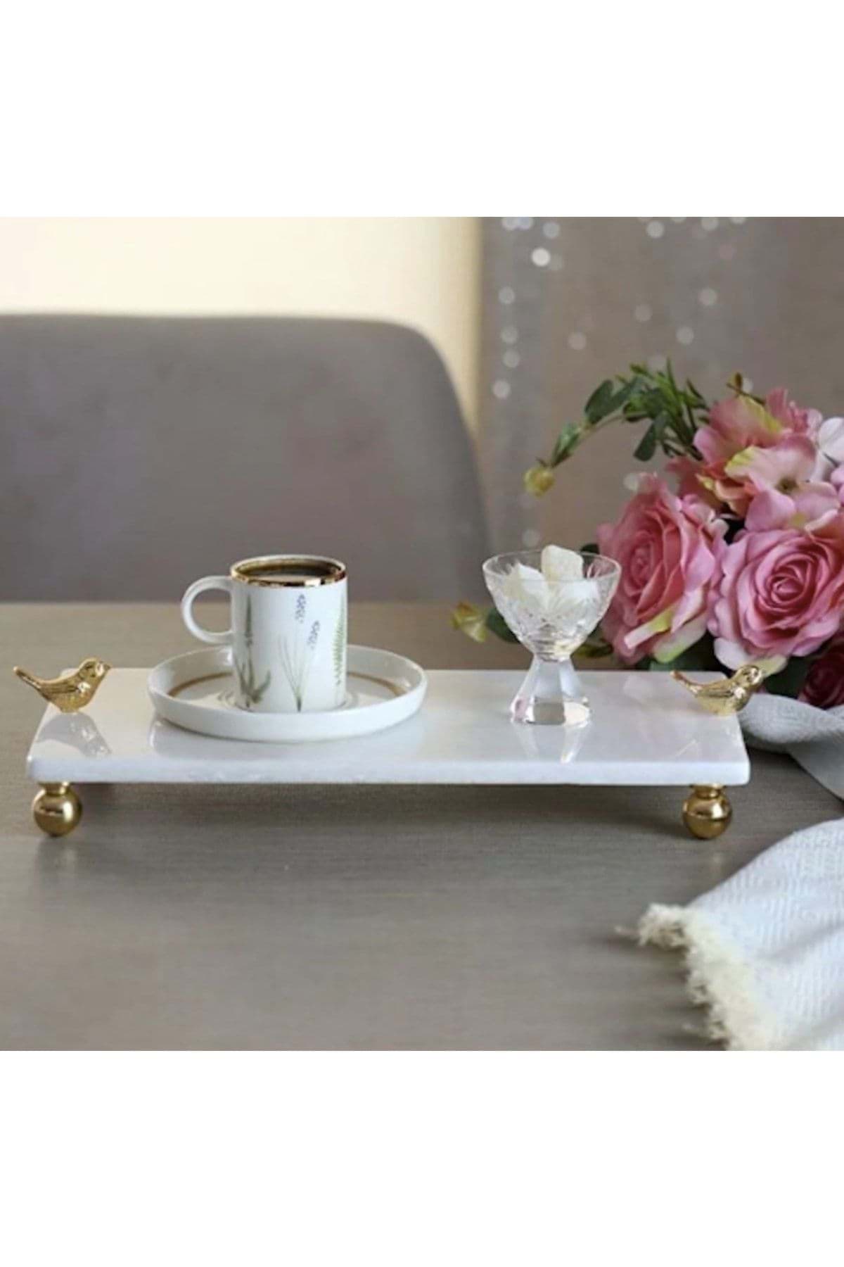 Dekoratif Mermer Dikdörtgen Gold Kus Detaylı Sunum Tepsısı Servis Tabağı resmi
