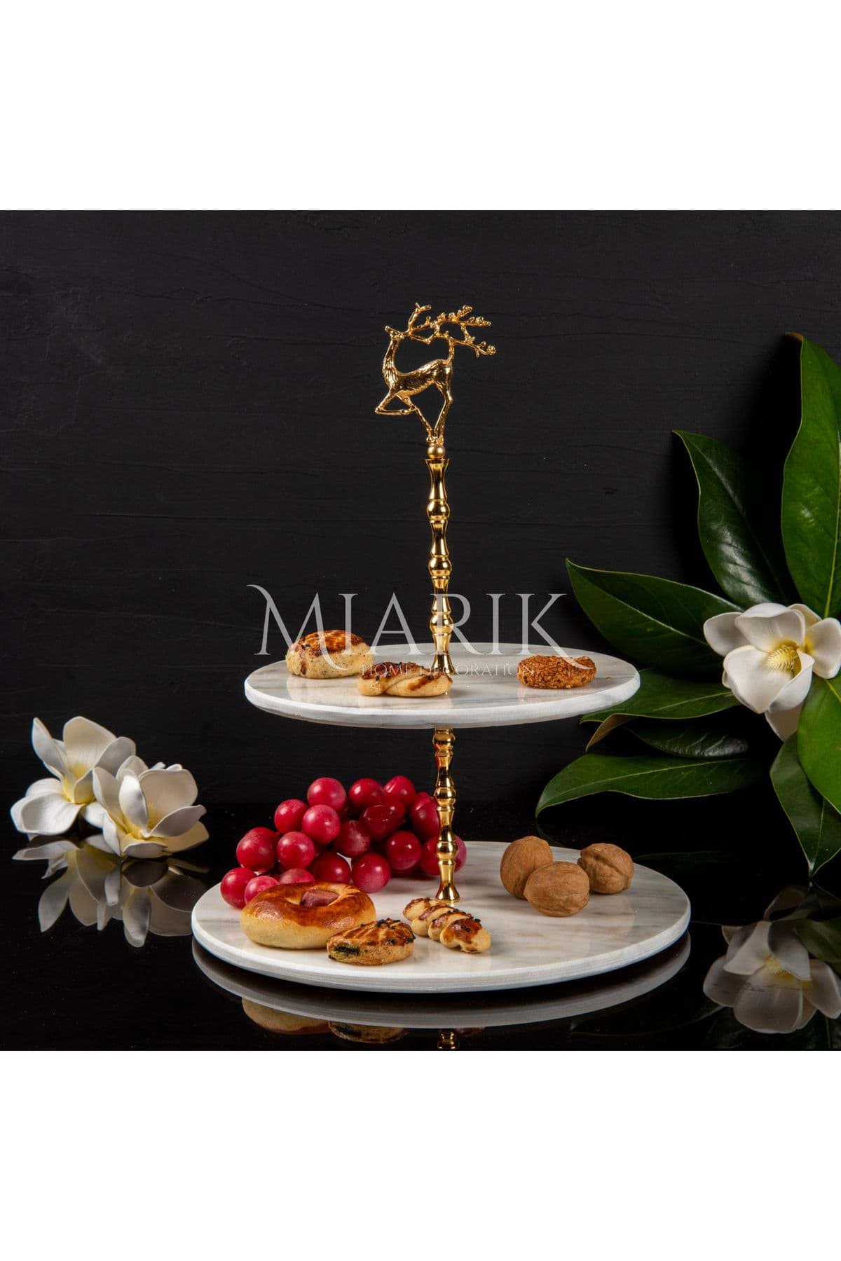 Dekoratif 2 Katlı Sunumluk Doğal Beyaz Mermer Kurabiyelik & Pastalık resmi