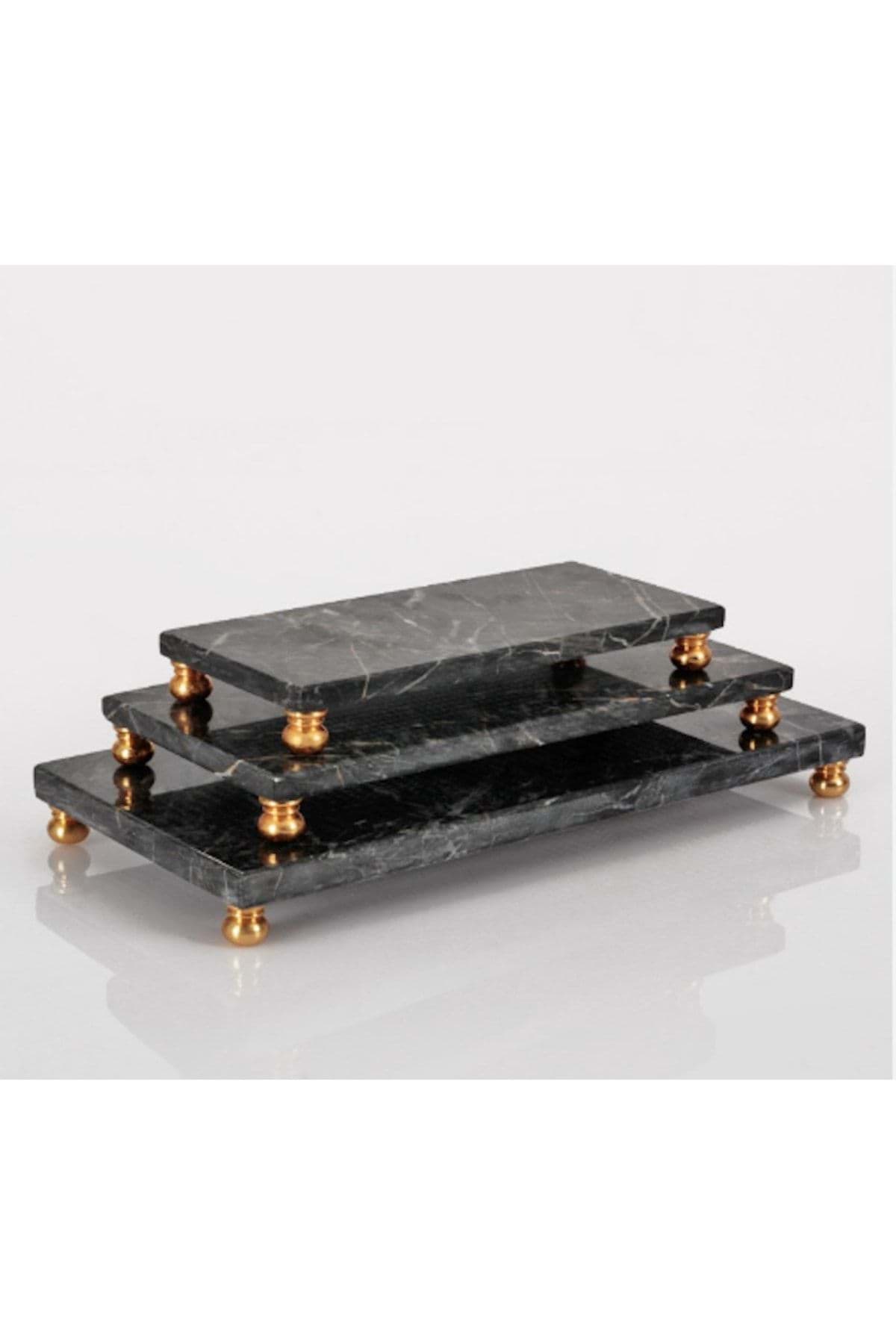 Dekoratif Siyah Mermer 3lü Gold Top Ayak Sunum Seti resmi