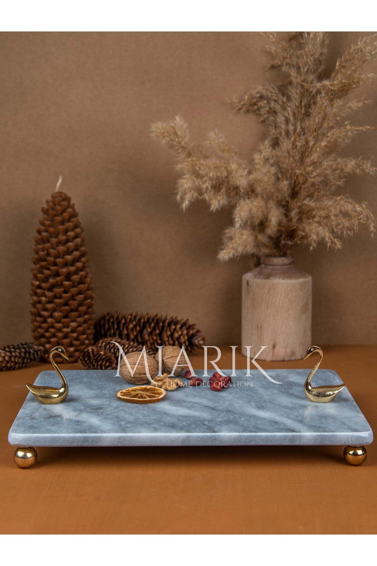 Dekoratif Gri Mermer Dikdörtgen Gold Kugu Detaylı Sunum Tepsısı Servis Tabağı resmi