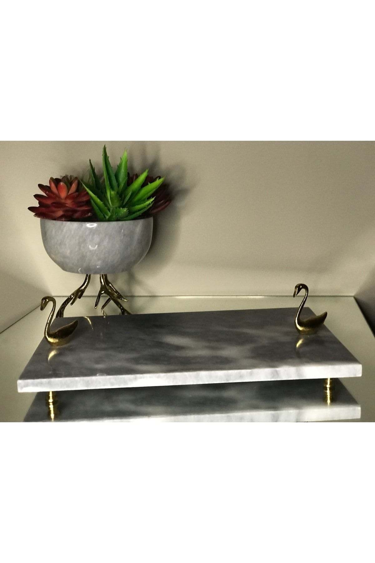 Dekoratif Gri Mermer Dikdörtgen Gold Kugu Detaylı Sunum Tepsısı Servis Tabağı resmi