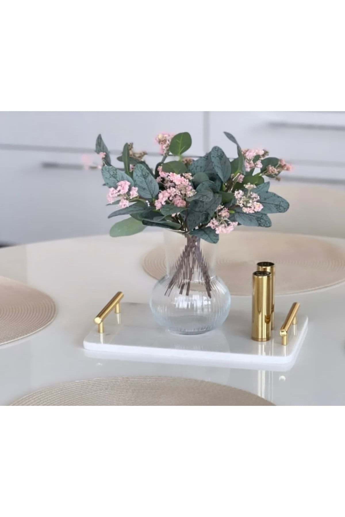 Dekoratıf Beyaz Mermer Dıkdortgen Sunum Nısan Tepsısı Kulplu resmi