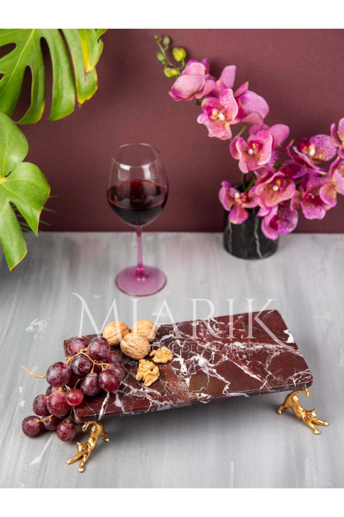 Dekoratıf Gold Kedı Detaylı Bordo Dıkdortgen Mermer Sunum Servıs Tabagı resmi