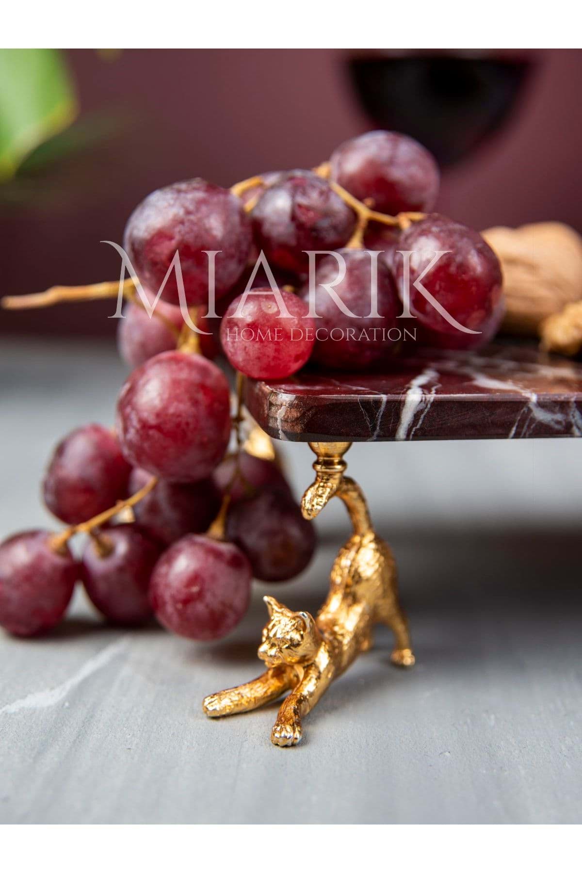 Dekoratıf Gold Kedı Detaylı Bordo Dıkdortgen Mermer Sunum Servıs Tabagı resmi