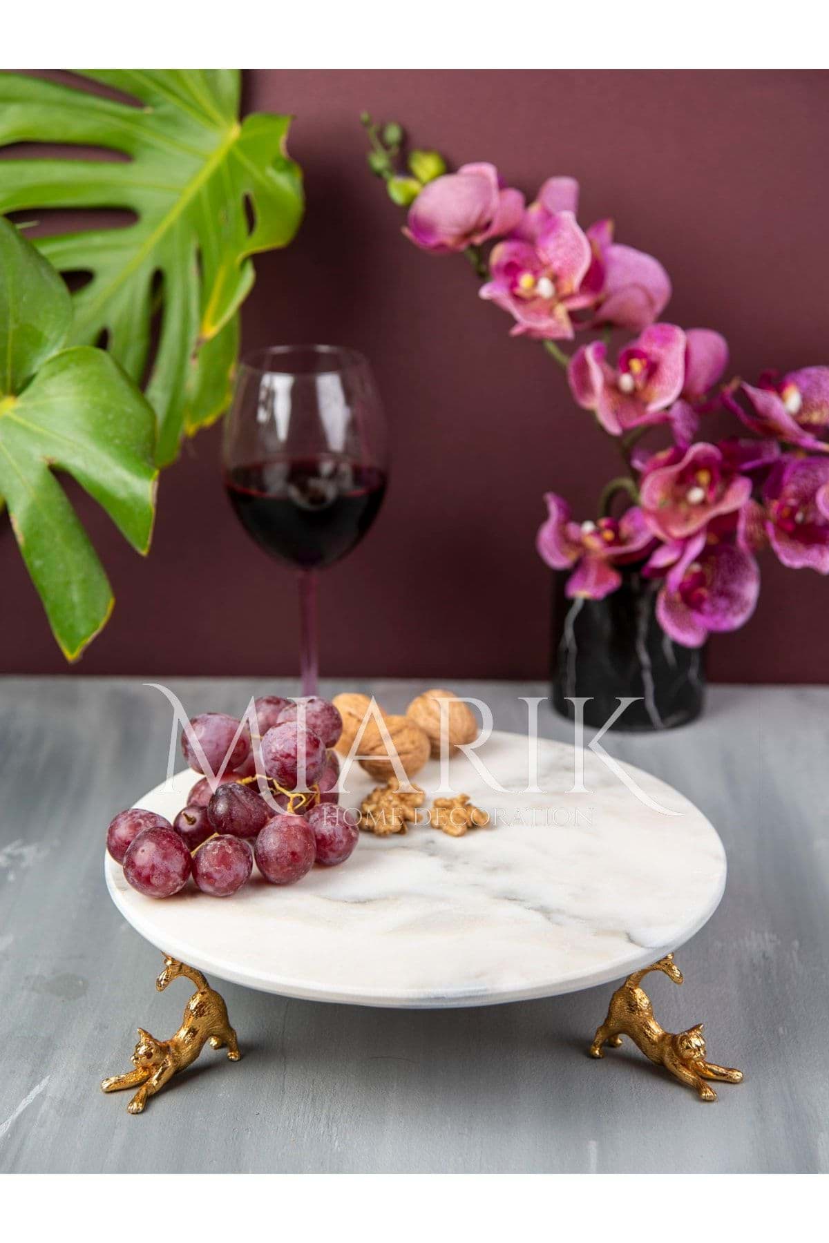 Dekoratıf Gold Kedı Detaylı Leylak Mermer Sunum Servıs Tabagı resmi