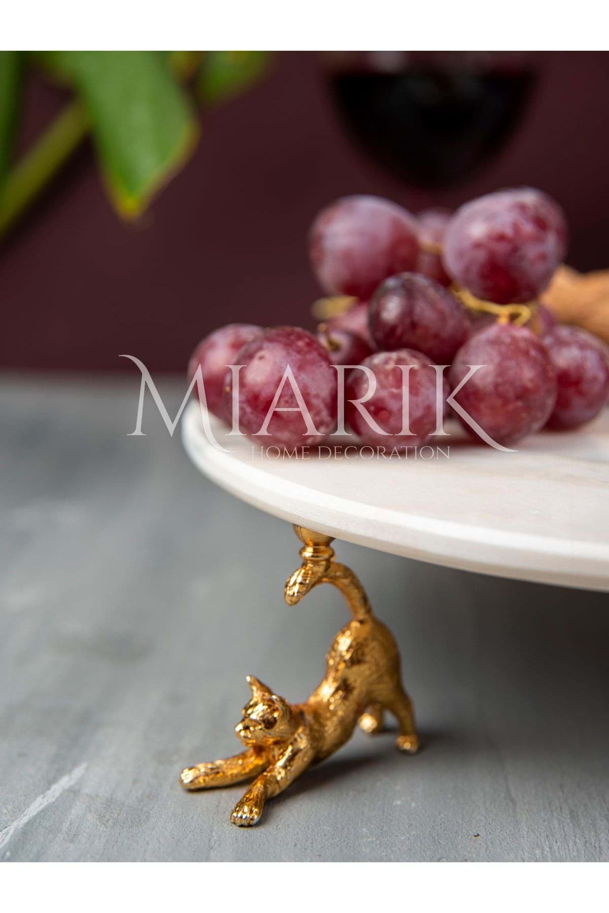 Dekoratıf Gold Kedı Detaylı Leylak Mermer Sunum Servıs Tabagı resmi