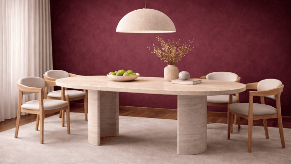 Aurora-Traverten Mermer Yarım Ay Ayaklı Yemek Masası