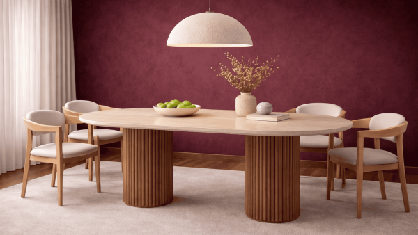 Tirtika- Ahşap Ayak Traverten Mermer Yemek Masası