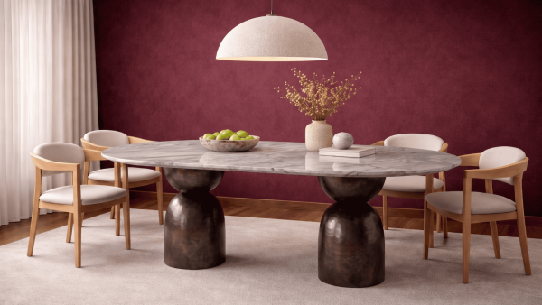 Bonjugo- Ahşap Ayak Traverten Mermer Yemek Masası