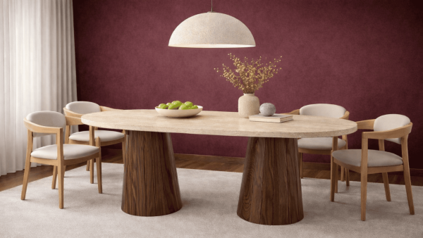 Martha - Ahşap Huni Ayaklı Traverten Mermer Yemek Masası