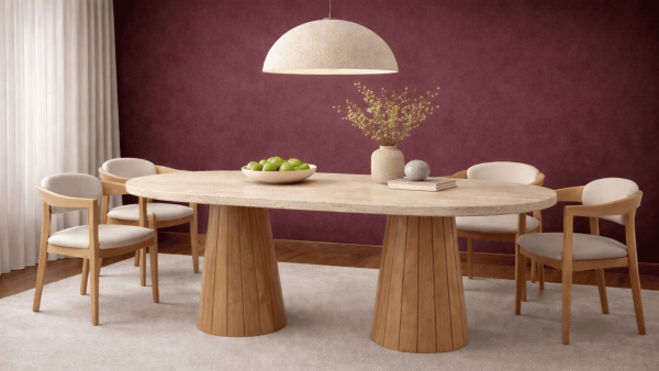 Yuvve- Ahşap Huni Ayaklı Traverten Mermer Yemek Masası