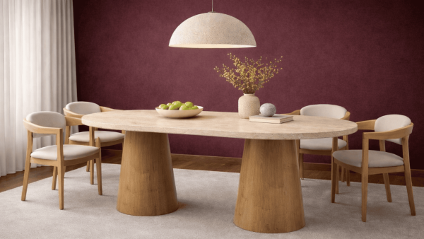 Gamsa- Ahşap Huni Ayaklı Traverten Mermer Yemek Masası