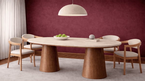 Kana- Ahşap Huni Ayaklı Traverten Mermer Yemek Masası